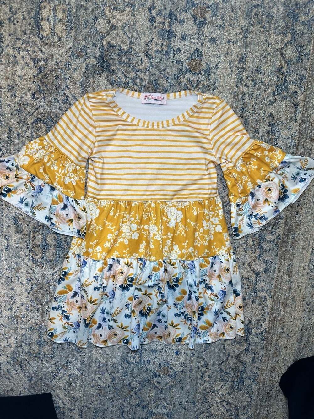 Clover Cottage Apparel Tunic Size 3T Yellow Striped Floral Ruffle
